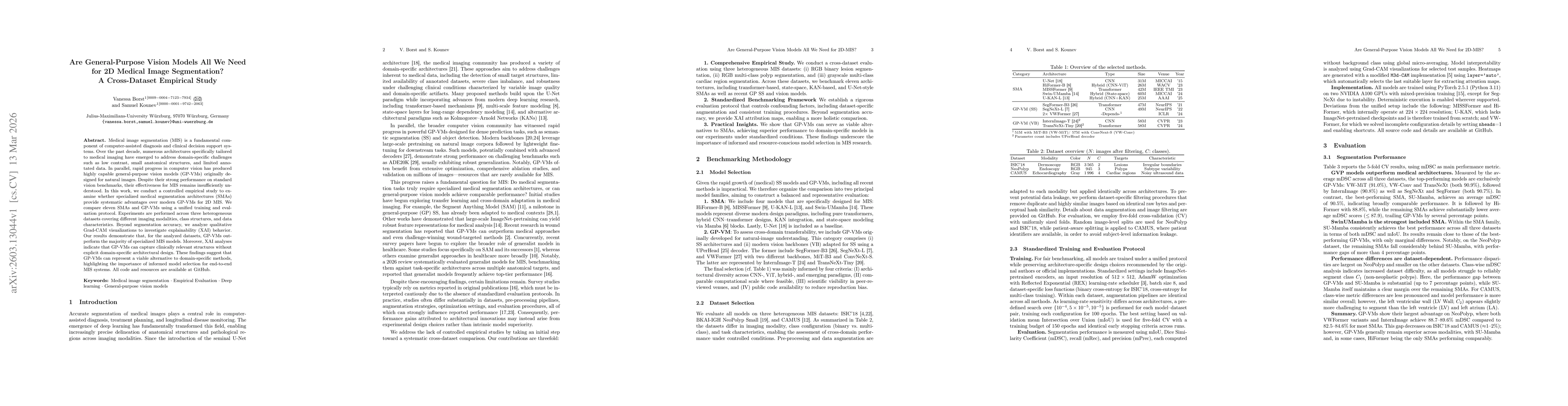 Thumbnail for Are General-Purpose Vision Models All We Need for 2D Medical Image Segmentation? A Cross-Dataset Empirical Study