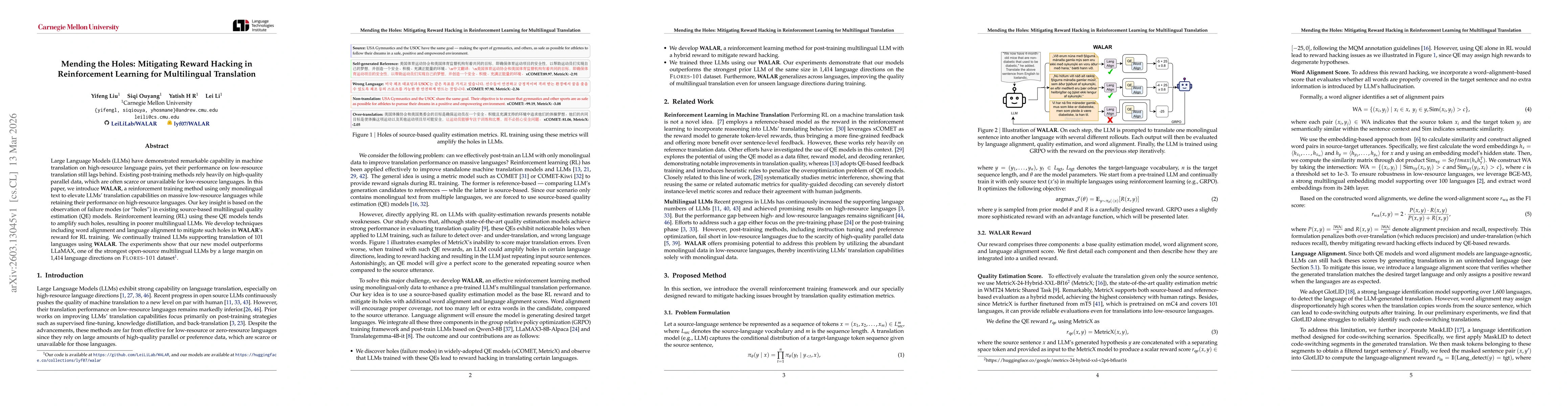 Thumbnail for Mending the Holes: Mitigating Reward Hacking in Reinforcement Learning for Multilingual Translation