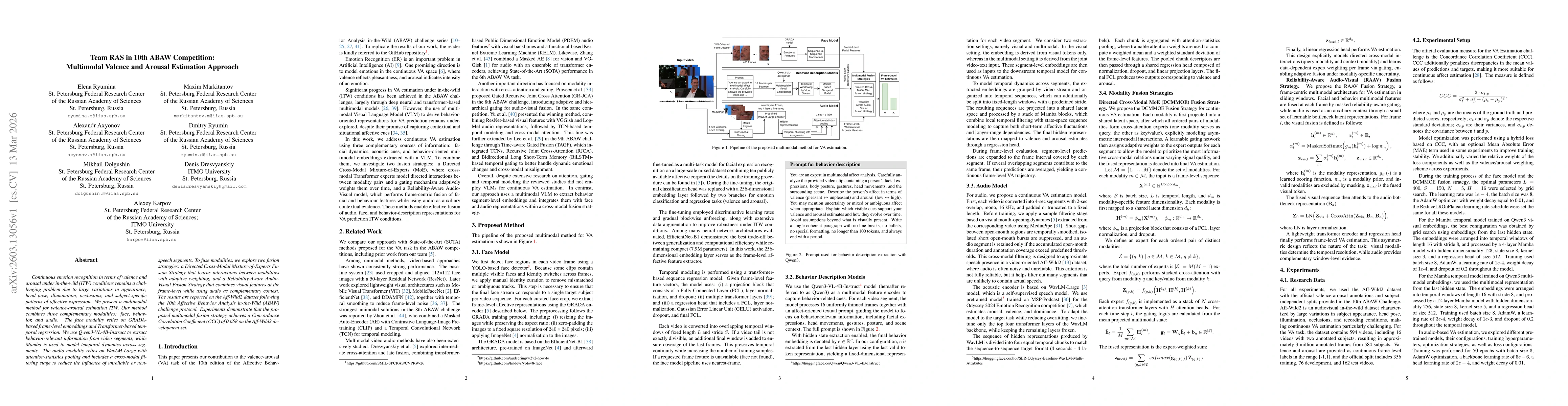 Thumbnail for Team RAS in 10th ABAW Competition: Multimodal Valence and Arousal Estimation Approach