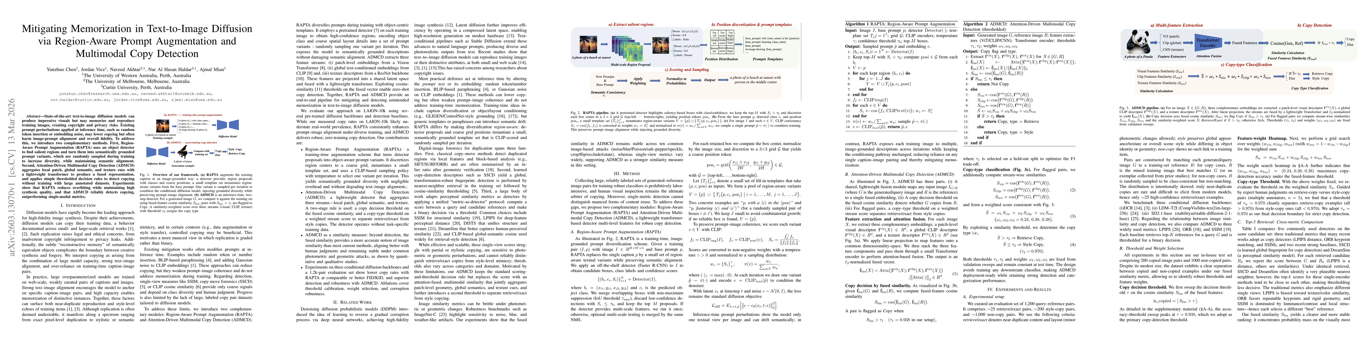 Thumbnail for Mitigating Memorization in Text-to-Image Diffusion via Region-Aware Prompt Augmentation and Multimodal Copy Detection