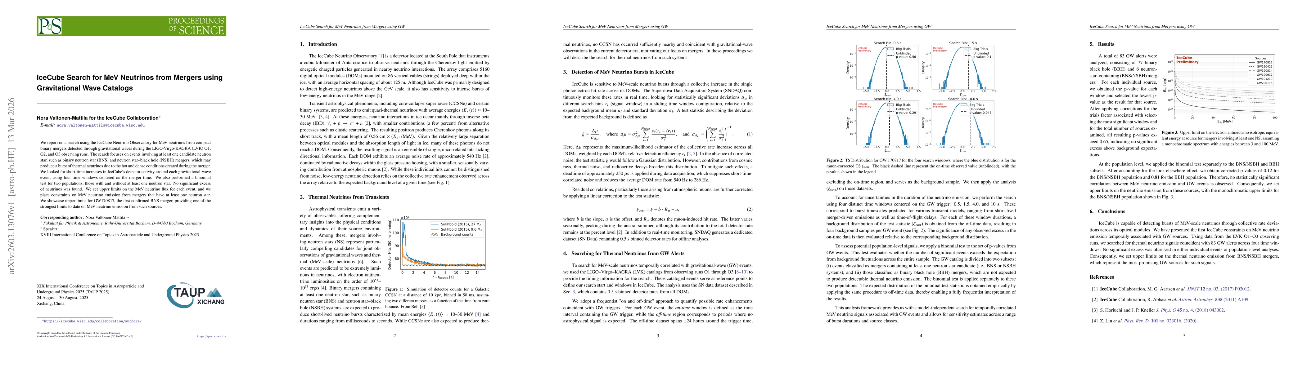 Thumbnail for IceCube Search for MeV Neutrinos from Mergers using Gravitational Wave Catalogs