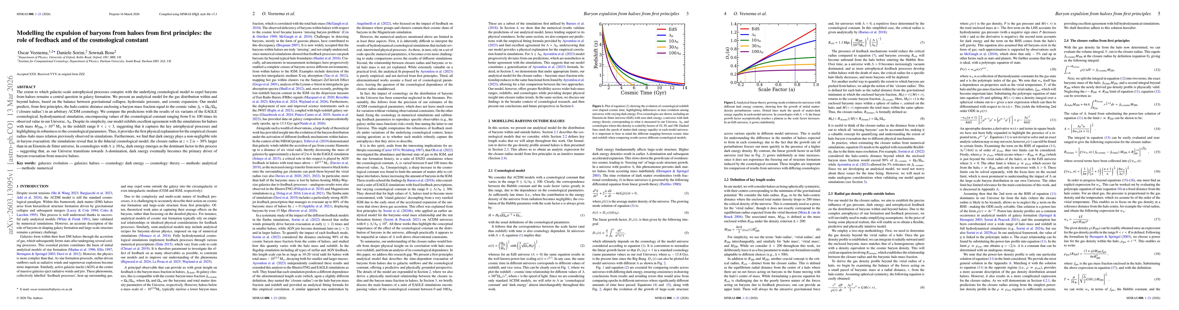 Thumbnail for Modelling the expulsion of baryons from haloes from first principles: the role of feedback and of the cosmological constant