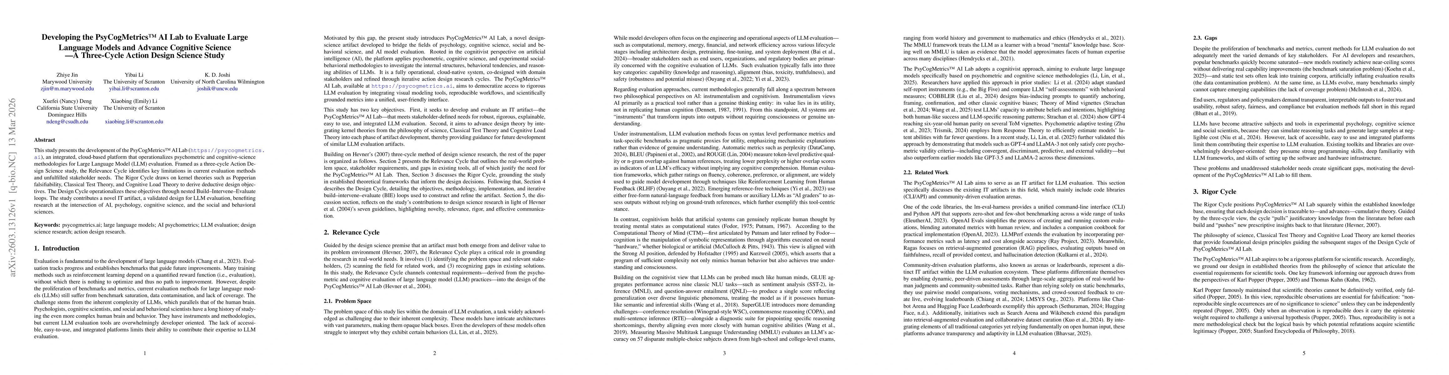 Thumbnail for Developing the PsyCogMetrics AI Lab to Evaluate Large Language Models and Advance Cognitive Science -- A Three-Cycle Action Design Science Study
