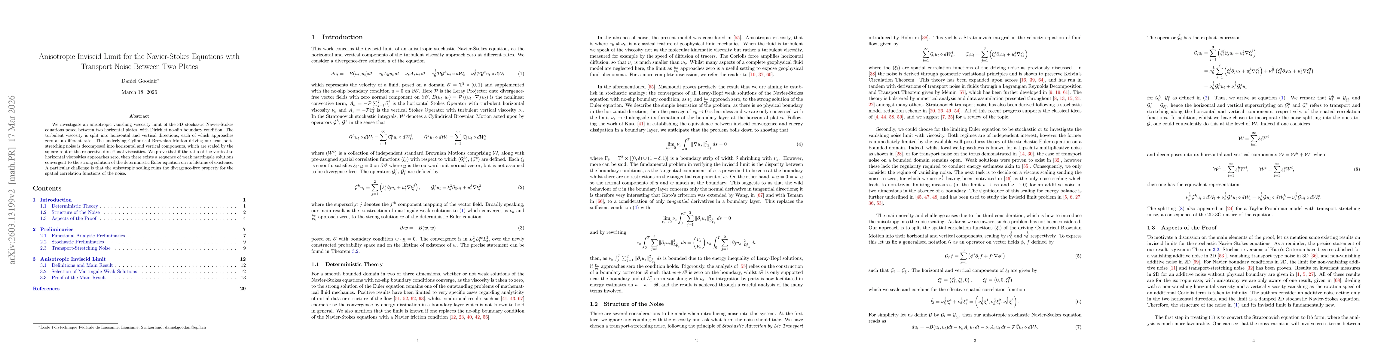 Thumbnail for Anisotropic Inviscid Limit for the Navier-Stokes Equations with Transport Noise Between Two Plates
