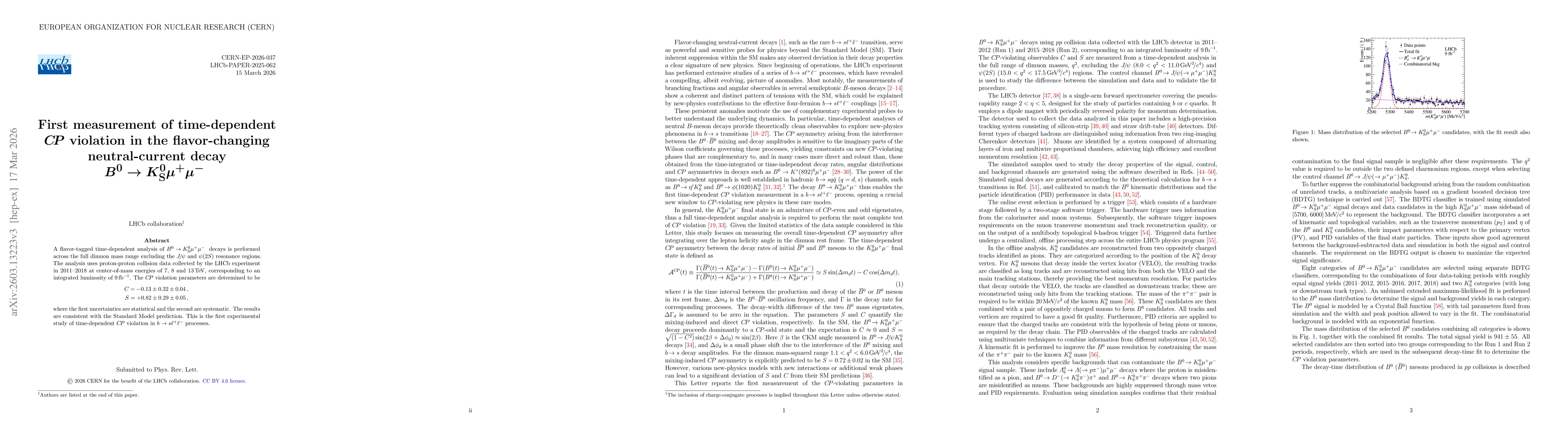 Thumbnail for First measurement of time-dependent $CP$ violation in the decay flavor-changing neutral-current decay $B^{0}\rightarrow K_{S}^{0}μ^{+}μ^{-}$