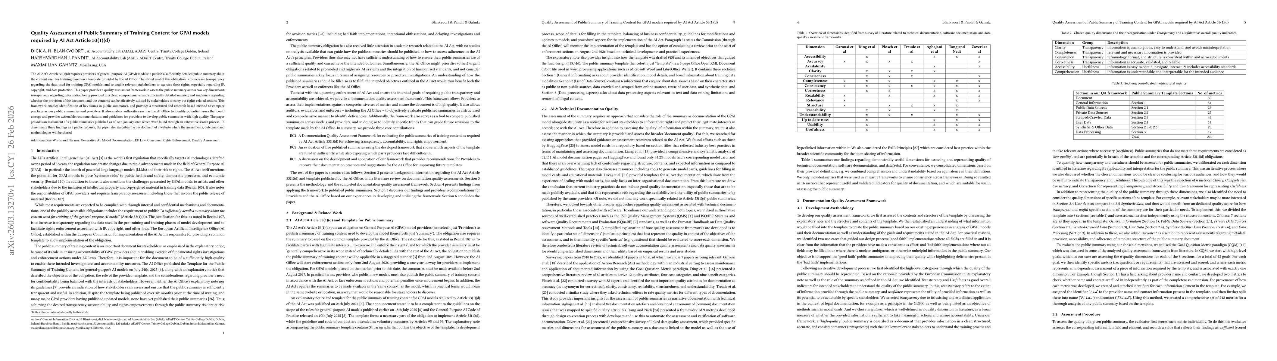 Thumbnail for Quality Assessment of Public Summary of Training Content for GPAI models required by AI Act Article 53(1)(d)