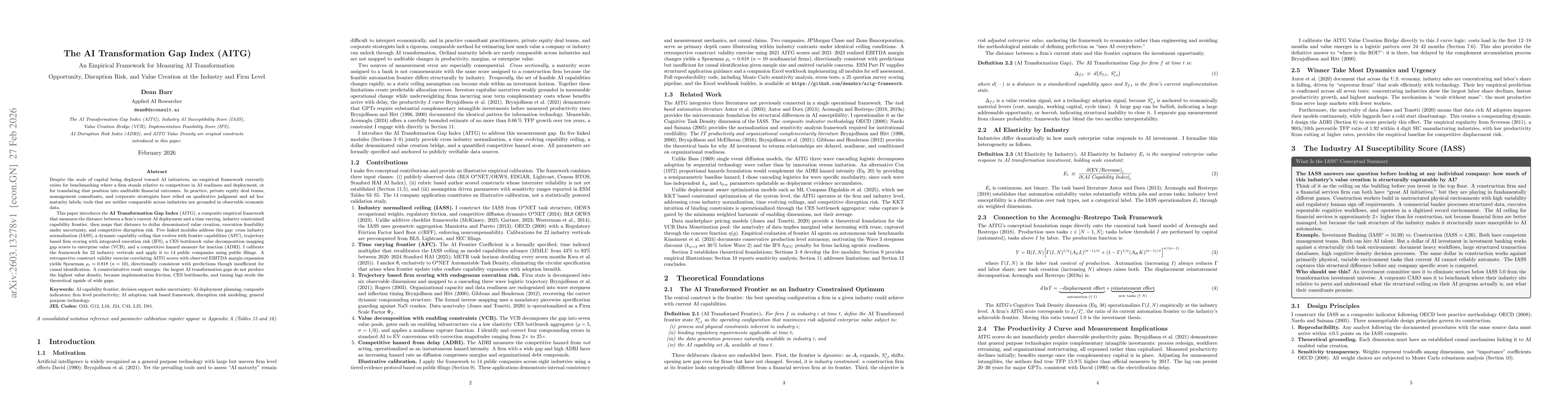 Thumbnail for The AI Transformation Gap Index (AITG): An Empirical Framework for Measuring AI Transformation Opportunity, Disruption Risk, and Value Creation at the Industry and Firm Level