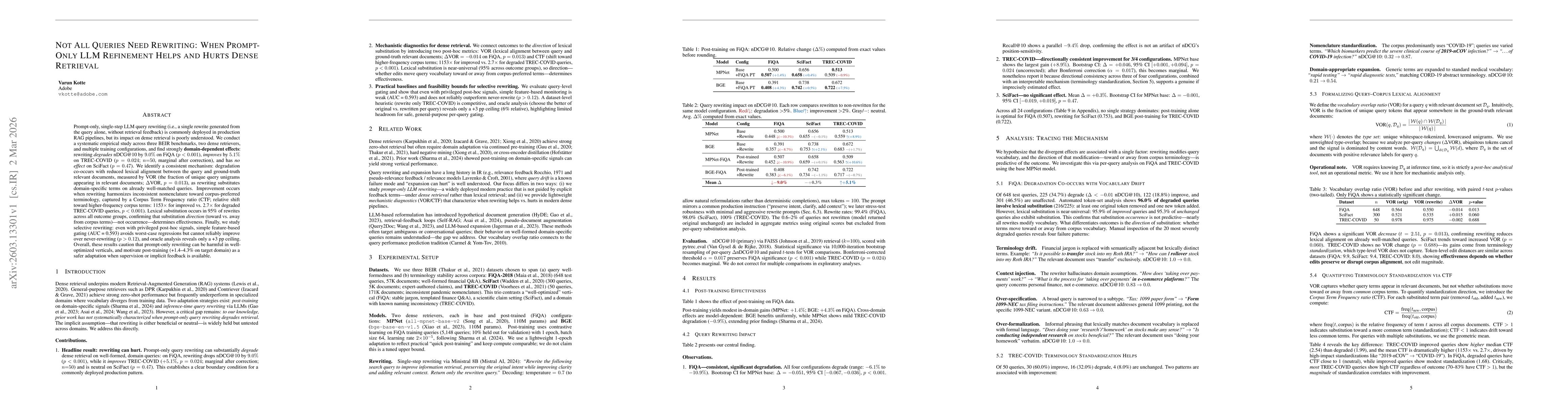 Thumbnail for Not All Queries Need Rewriting: When Prompt-Only LLM Refinement Helps and Hurts Dense Retrieval