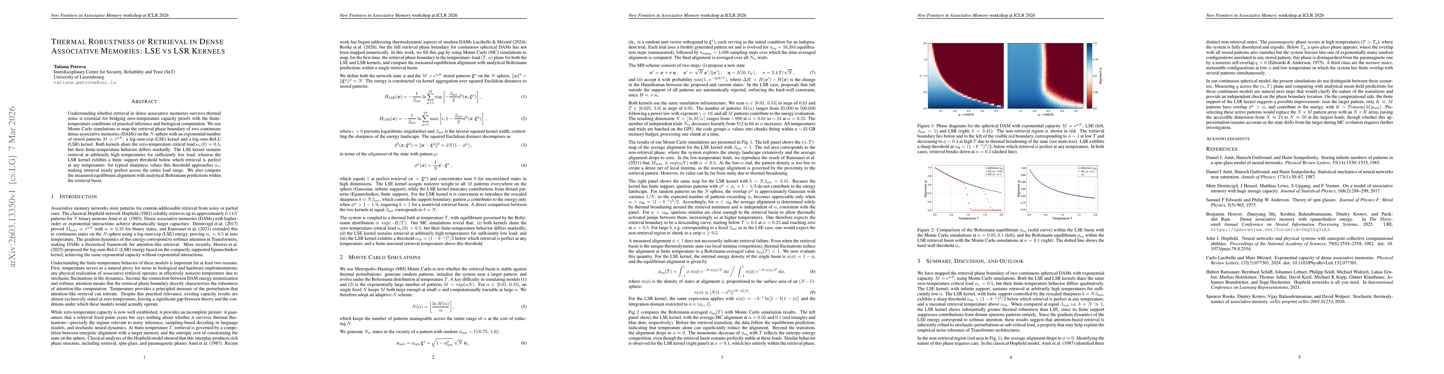 Thumbnail for Thermal Robustness of Retrieval in Dense Associative Memories: LSE vs LSR Kernels