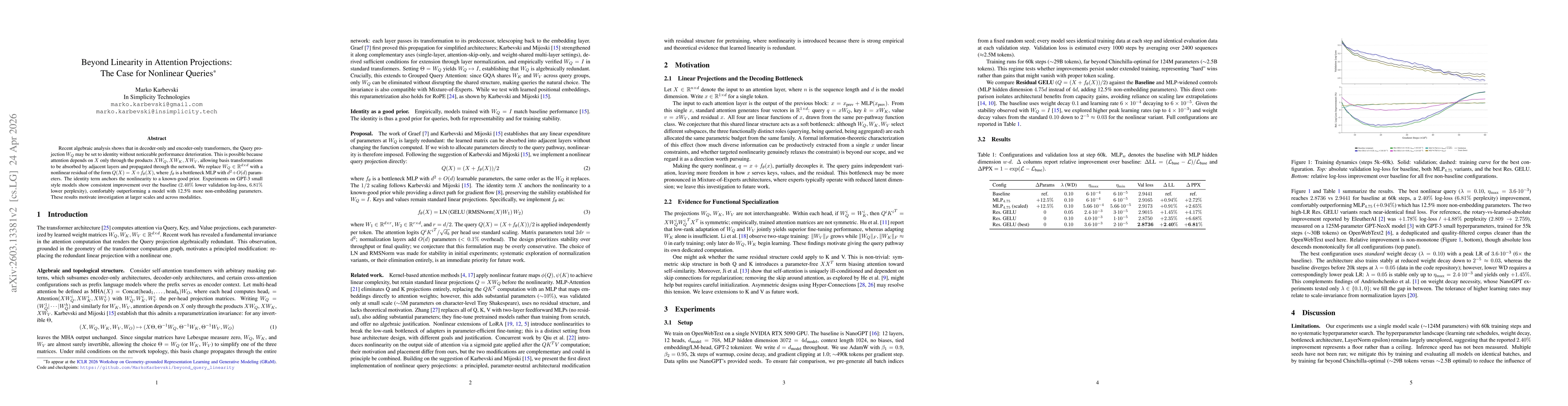 Thumbnail for Beyond Linearity in Attention Projections: The Case for Nonlinear Queries