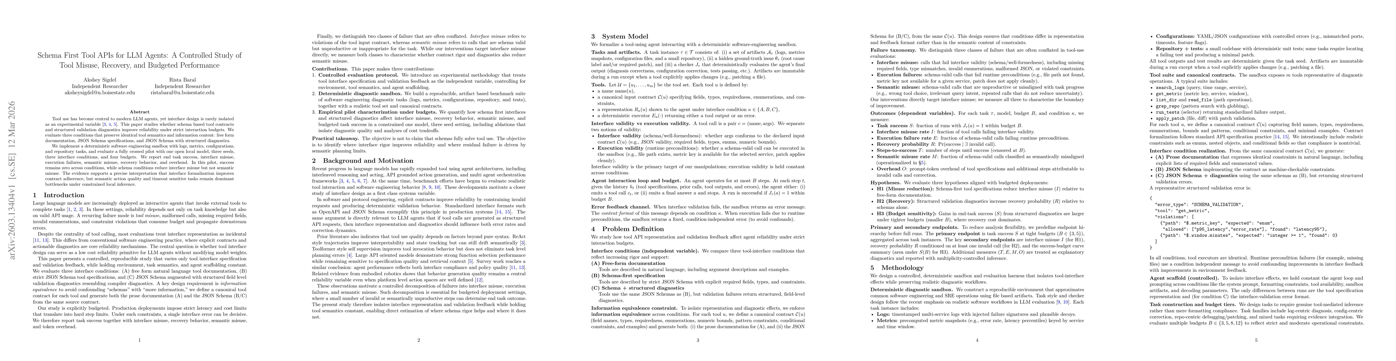 Thumbnail for Schema First Tool APIs for LLM Agents: A Controlled Study of Tool Misuse, Recovery, and Budgeted Performance
