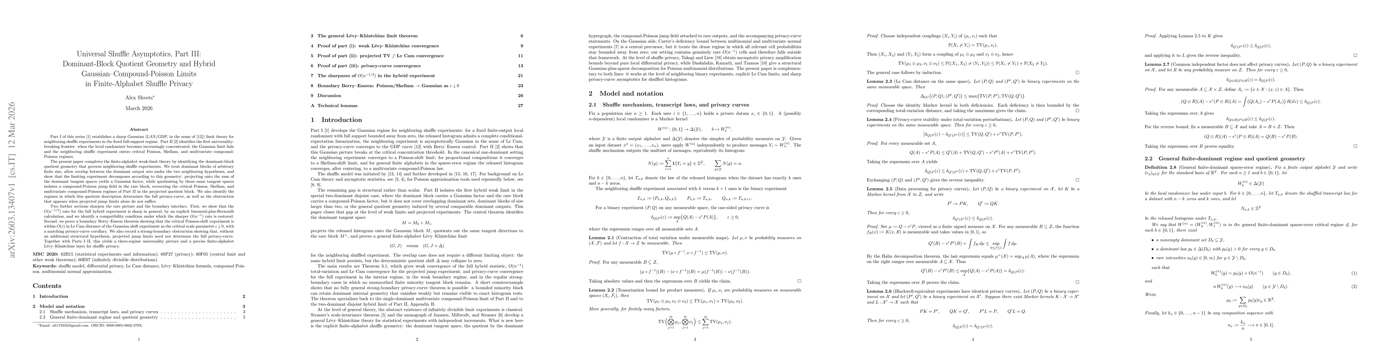 Thumbnail for Universal Shuffle Asymptotics, Part III: Dominant-Block Quotient Geometry and Hybrid Gaussian--Compound-Poisson Limits in Finite-Alphabet Shuffle Privacy
