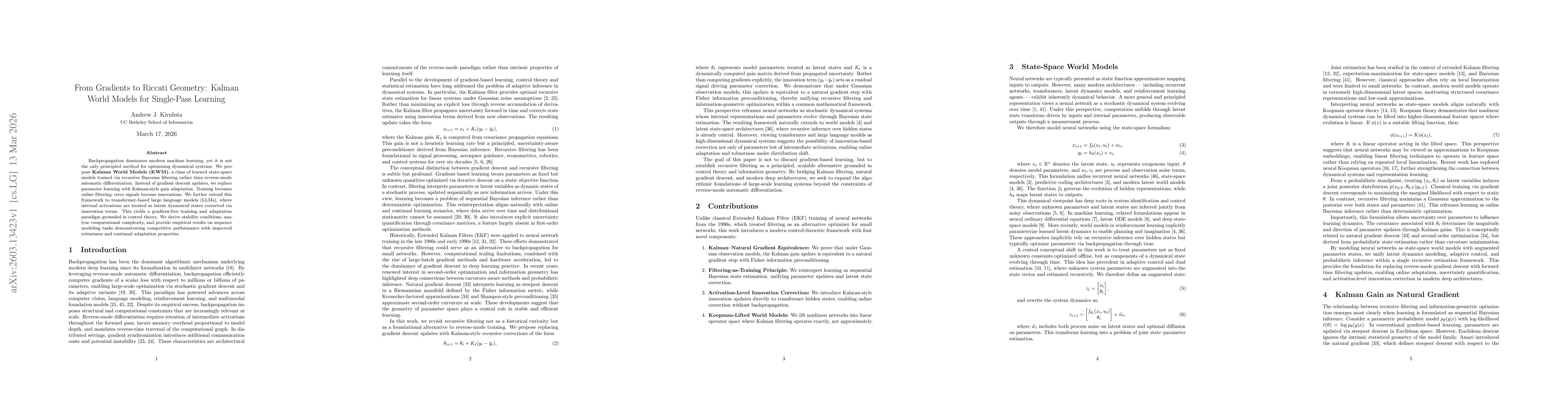 Thumbnail for From Gradients to Riccati Geometry: Kalman World Models for Single-Pass Learning