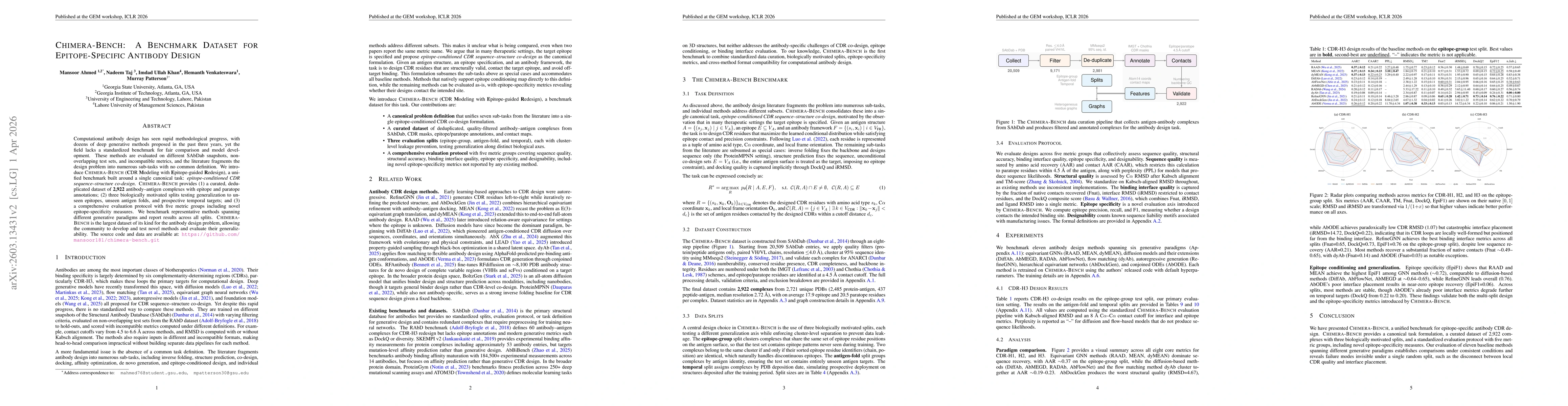 Thumbnail for CHIMERA-Bench: A Benchmark Dataset for Epitope-Specific Antibody Design