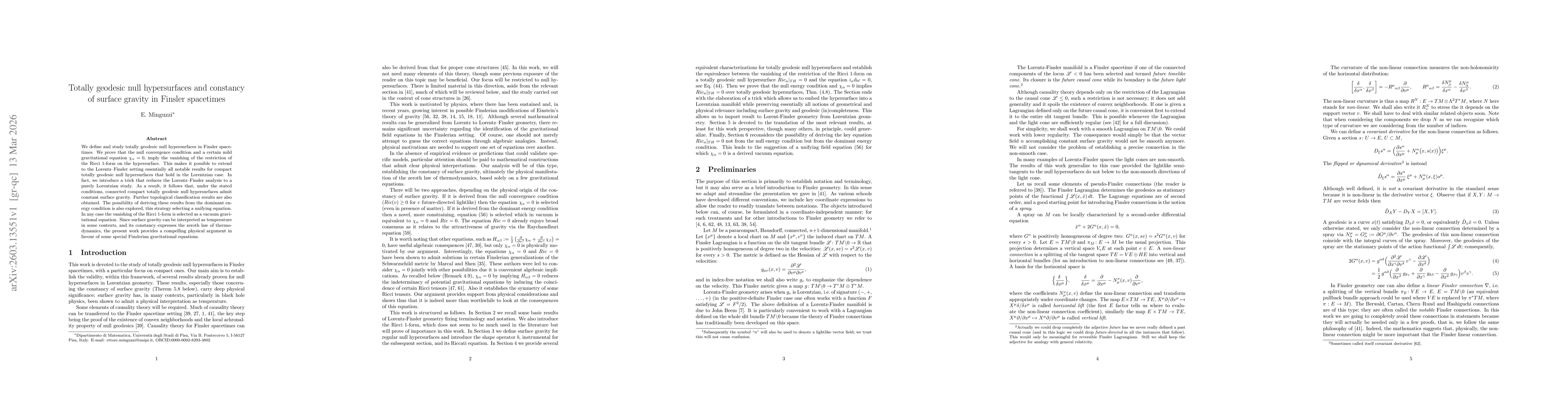 Thumbnail for Totally geodesic null hypersurfaces and constancy of surface gravity in Finsler spacetimes