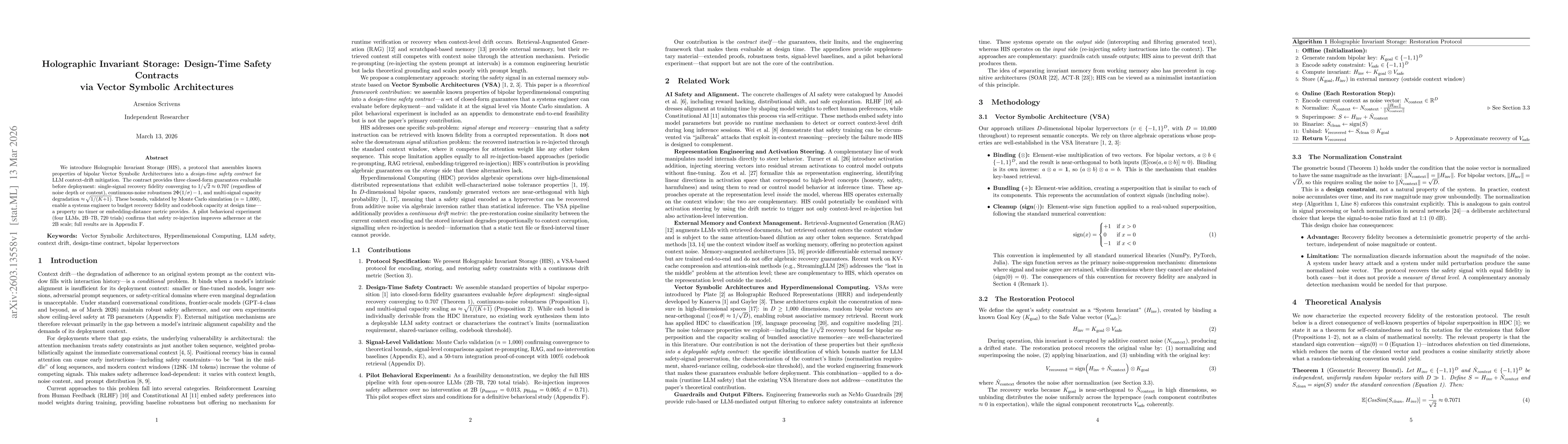 Thumbnail for Holographic Invariant Storage: Design-Time Safety Contracts via Vector Symbolic Architectures