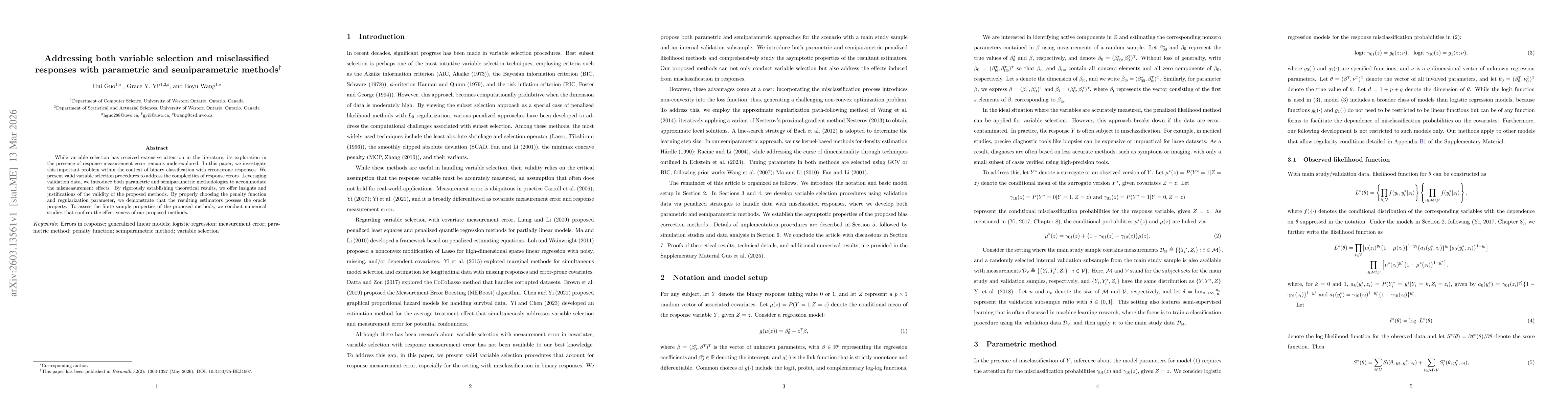 Thumbnail for Addressing both variable selection and misclassified responses with parametric and semiparametric methods