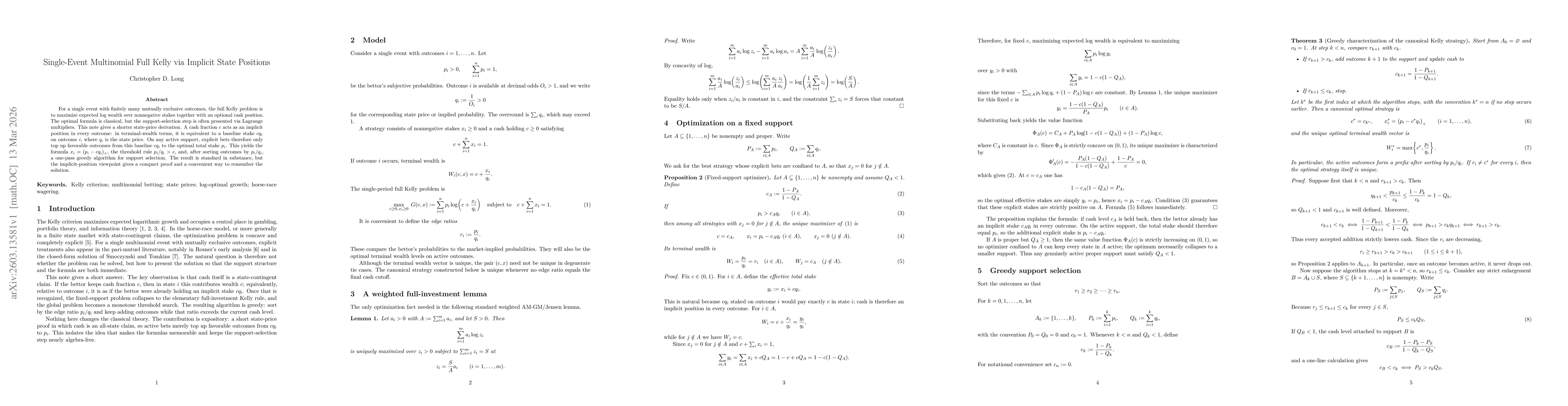Thumbnail for Single-Event Multinomial Full Kelly via Implicit State Positions