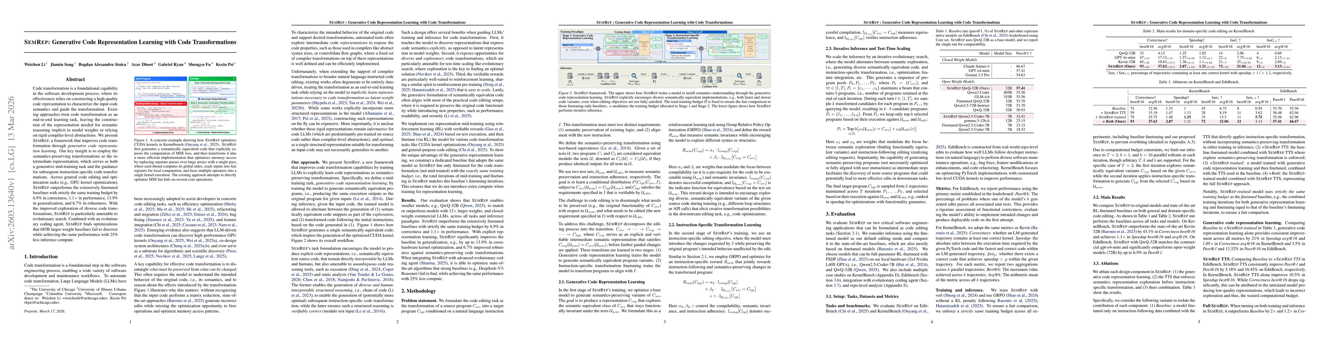 Thumbnail for SemRep: Generative Code Representation Learning with Code Transformations