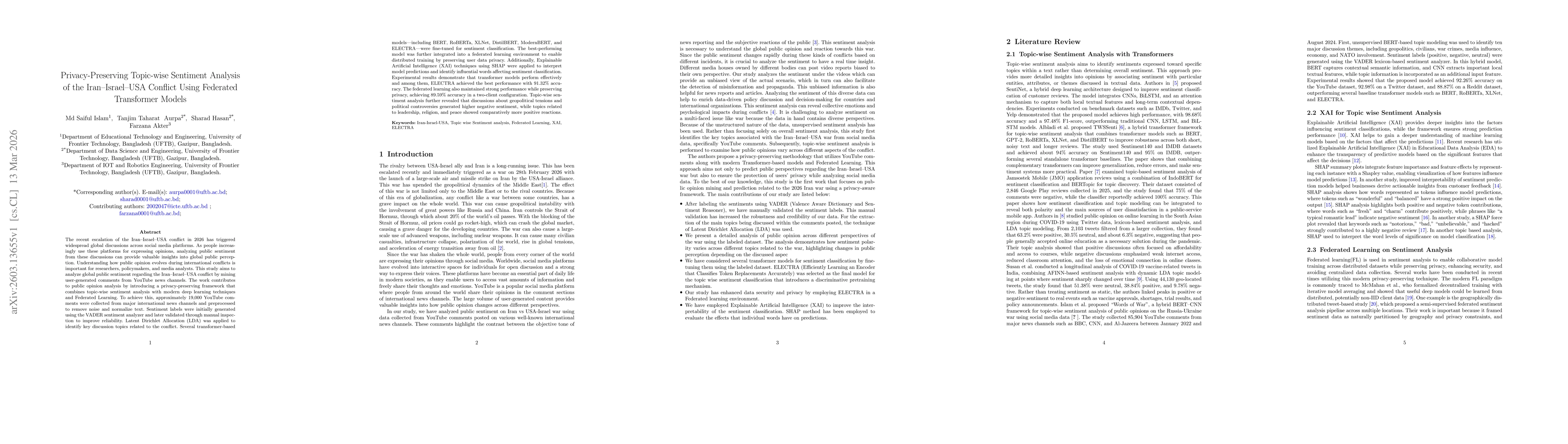 Thumbnail for Privacy Preserving Topic-wise Sentiment Analysis of the Iran Israel USA Conflict Using Federated Transformer Models