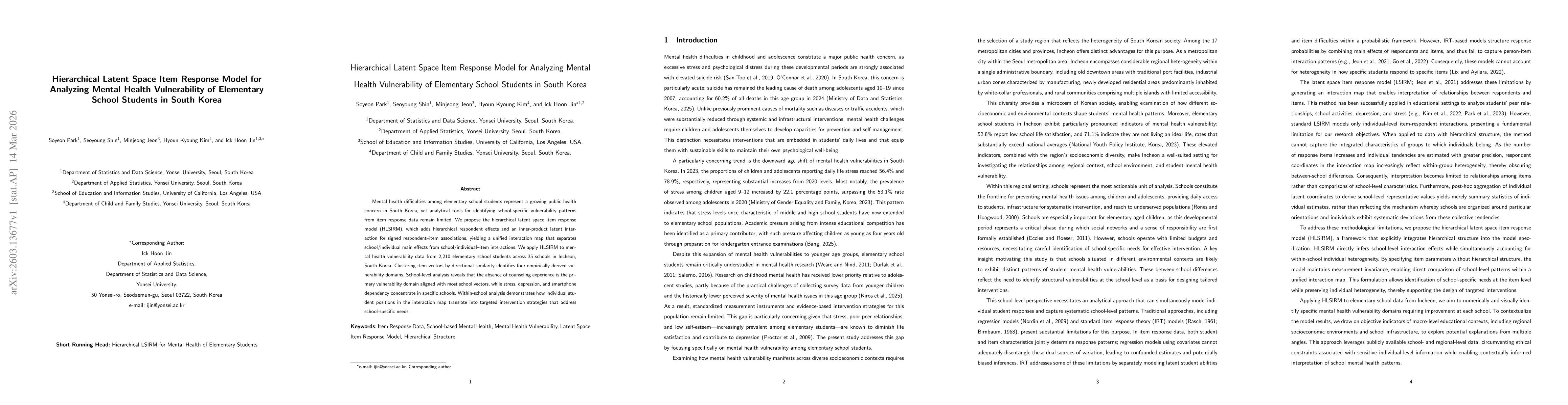 Thumbnail for Hierarchical Latent Space Item Response Model for Analyzing Mental Health Vulnerability of Elementary School Students in South Korea