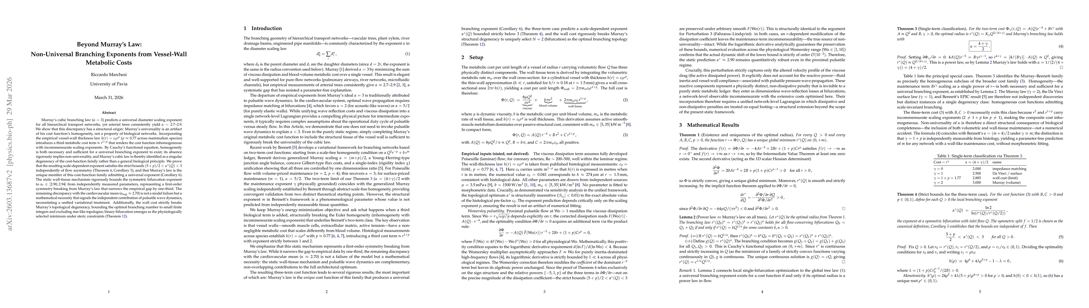 Thumbnail for Beyond Murray's Law: Non-Universal Branching Exponents from Vessel-Wall Metabolic Costs