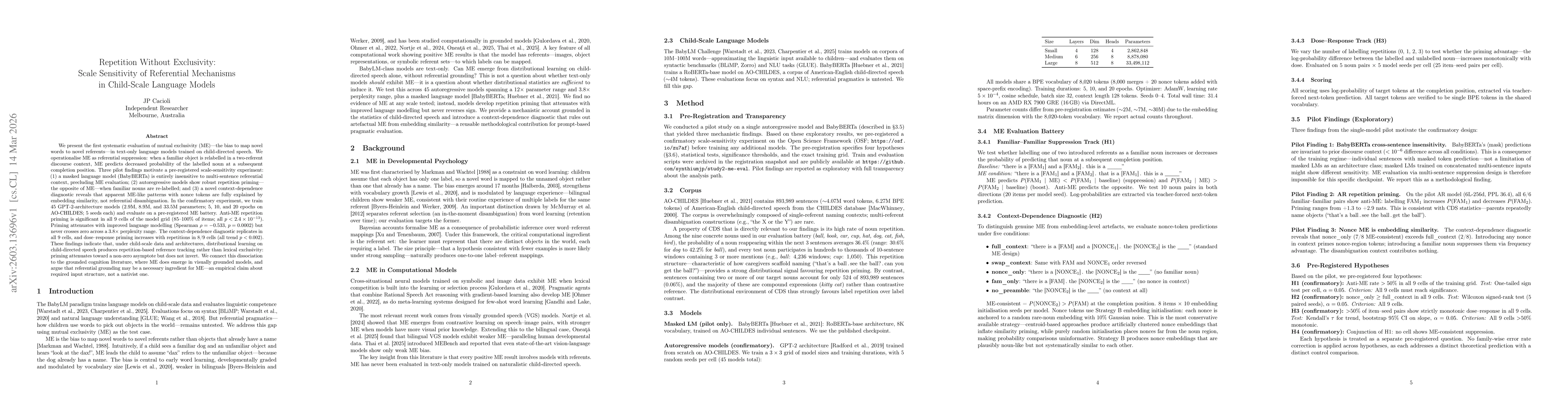 Thumbnail for Repetition Without Exclusivity: Scale Sensitivity of Referential Mechanisms in Child-Scale Language Models