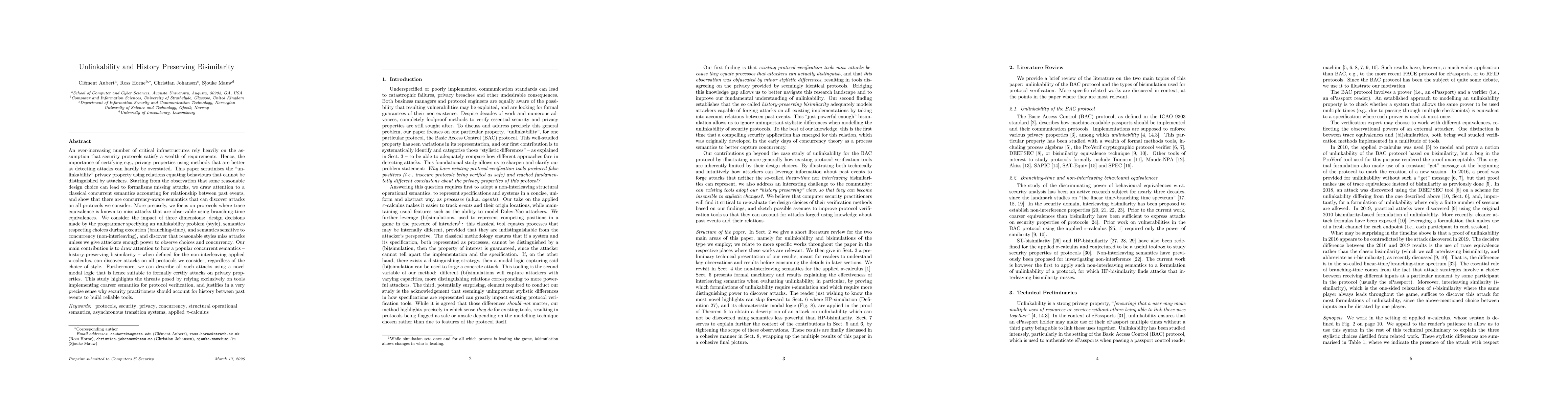 Thumbnail for Unlinkability and History Preserving Bisimilarity