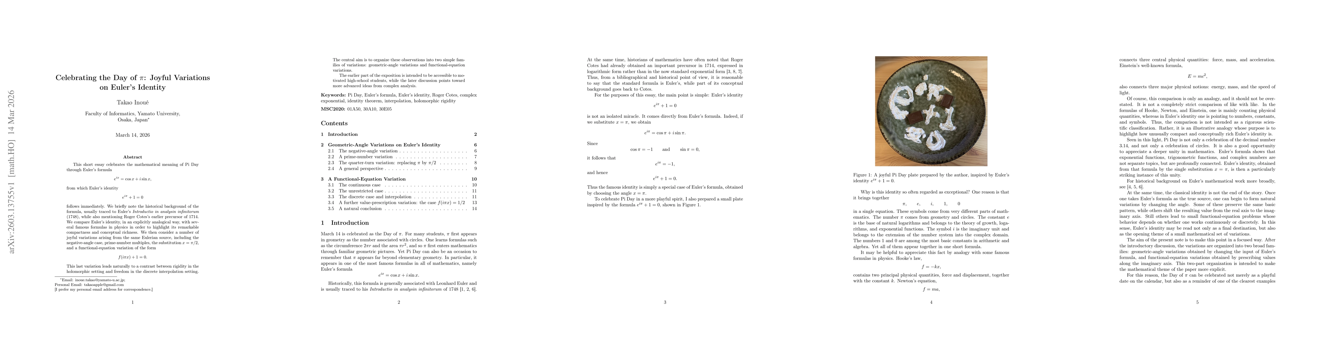Thumbnail for Celebrating the Day of $π$: Joyful Variations on Euler's Identity