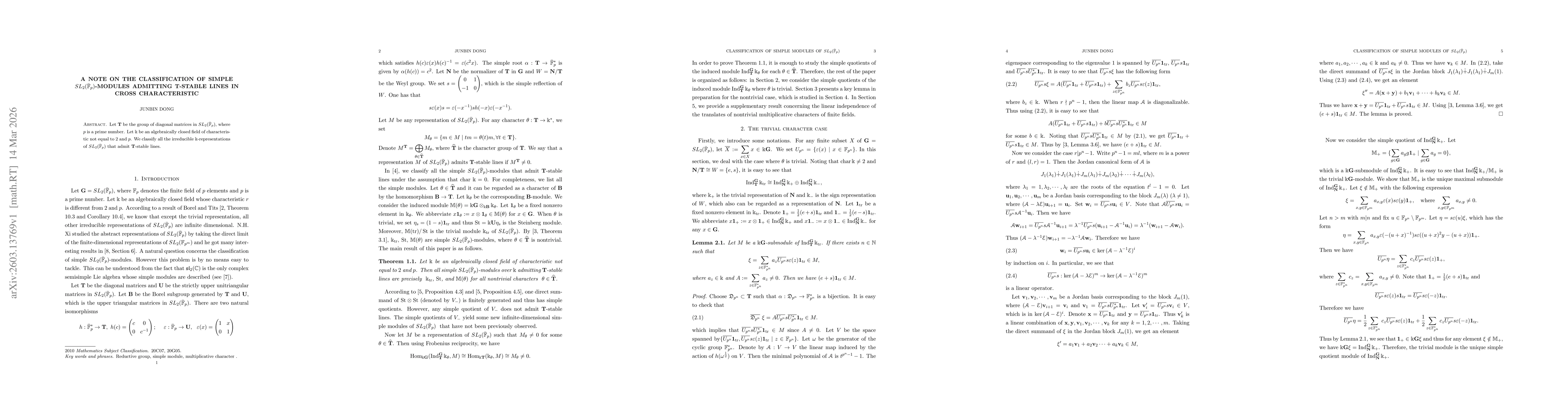 Thumbnail for A note on the classification of simple $SL_2(\bar{\mathbb{F}}_p)$-modules admitting $\bf T$-stable lines in cross characteristic