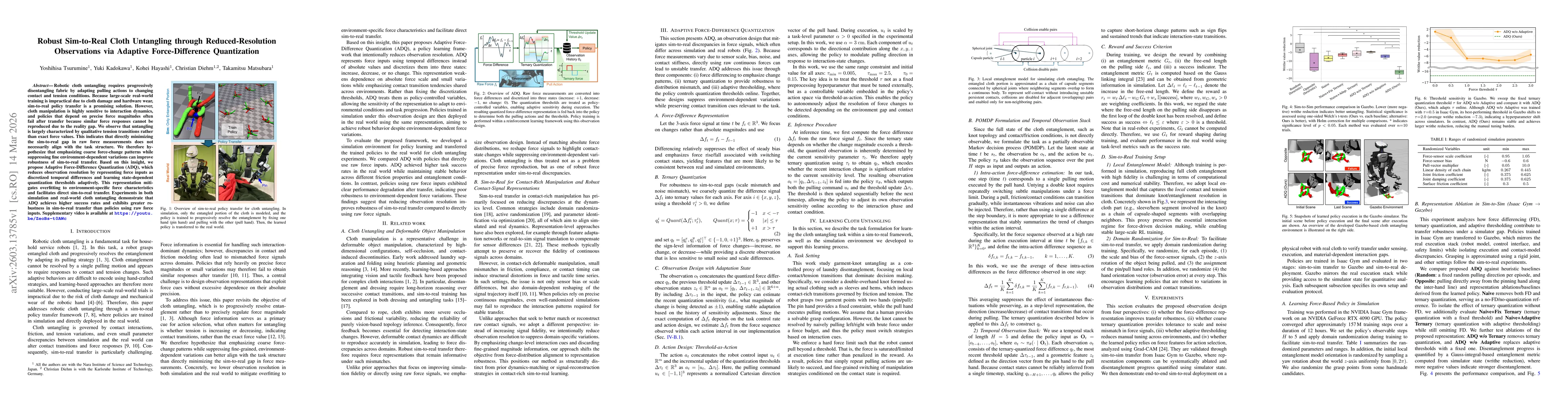 Thumbnail for Robust Sim-to-Real Cloth Untangling through Reduced-Resolution Observations via Adaptive Force-Difference Quantization