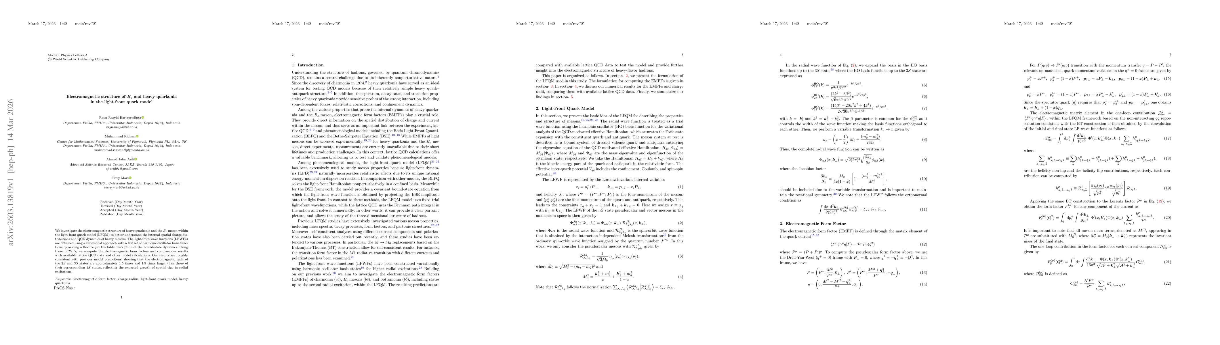 Thumbnail for Electromagnetic structure of Bc and heavy quarkonia in the light-front quark model