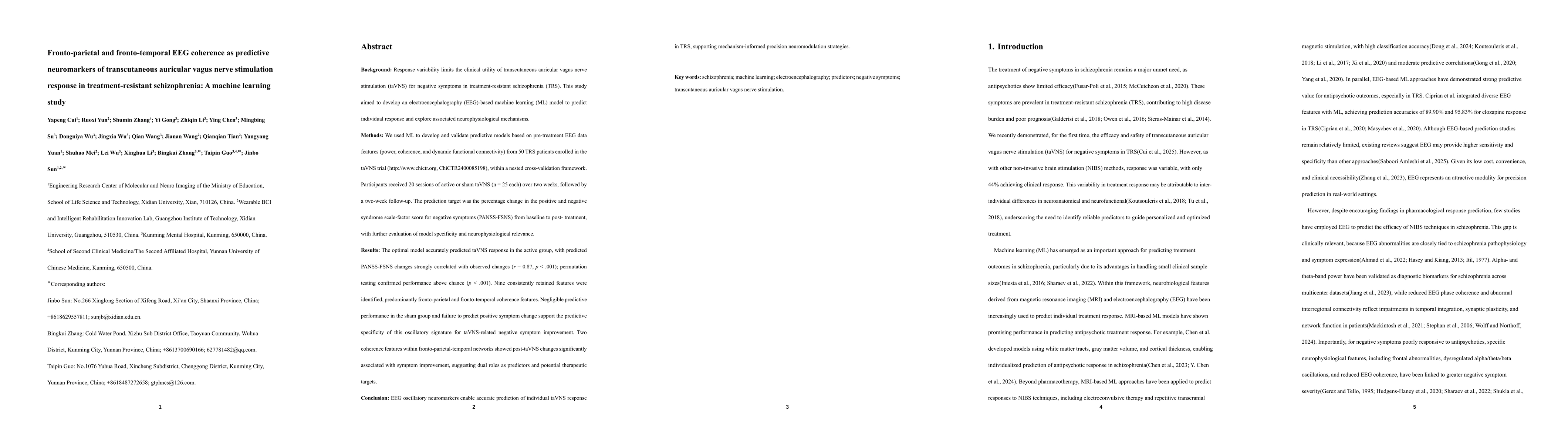 Thumbnail for Fronto-parietal and fronto-temporal EEG coherence as predictive neuromarkers of transcutaneous auricular vagus nerve stimulation response in treatment-resistant schizophrenia: A machine learning study