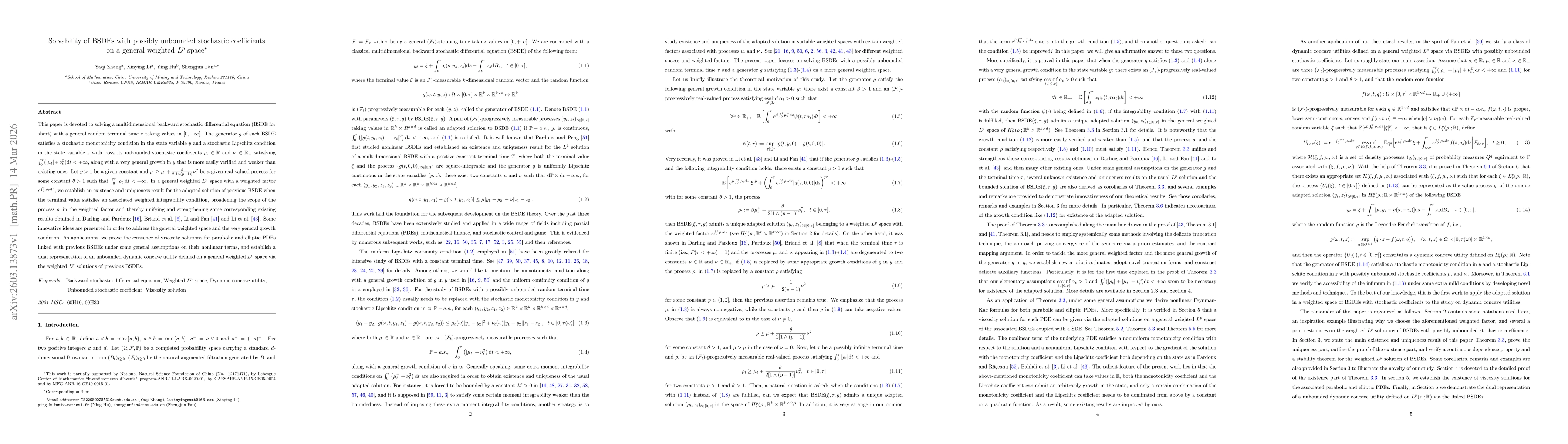 Thumbnail for Solvability of BSDEs with possibly unbounded stochastic coefficients on a general weighted $L^p$ space