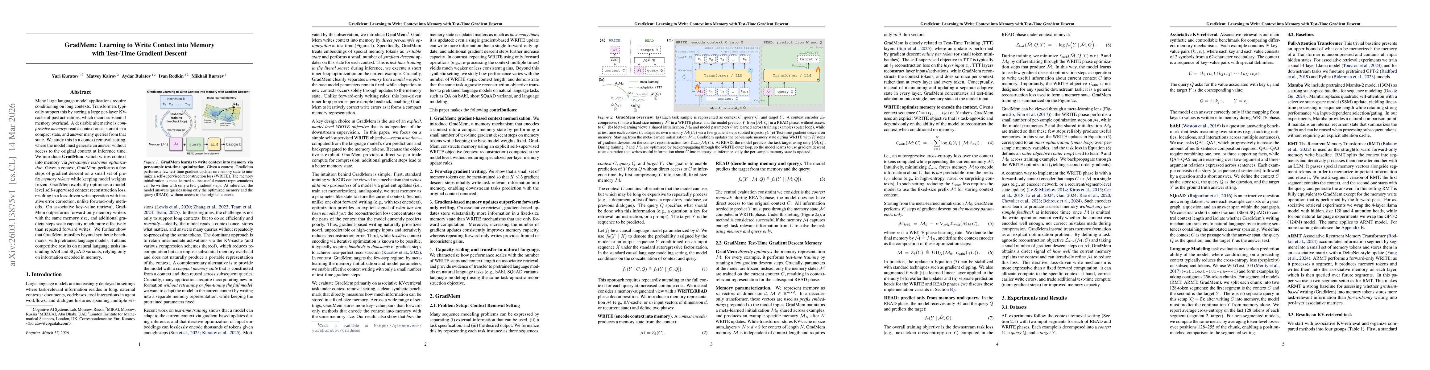 Thumbnail for GradMem: Learning to Write Context into Memory with Test-Time Gradient Descent