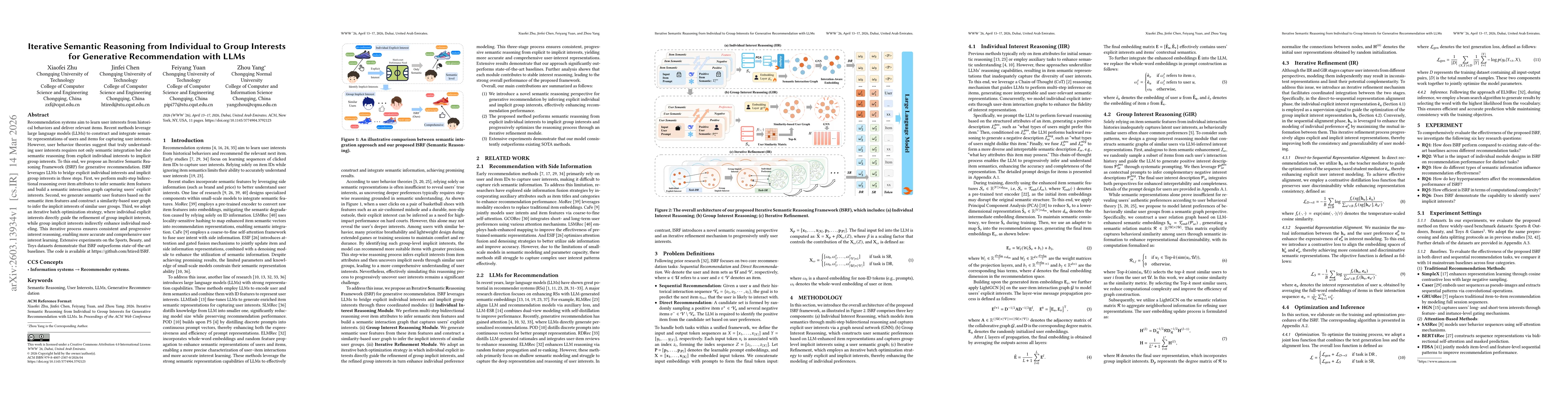 Thumbnail for Iterative Semantic Reasoning from Individual to Group Interests for Generative Recommendation with LLMs