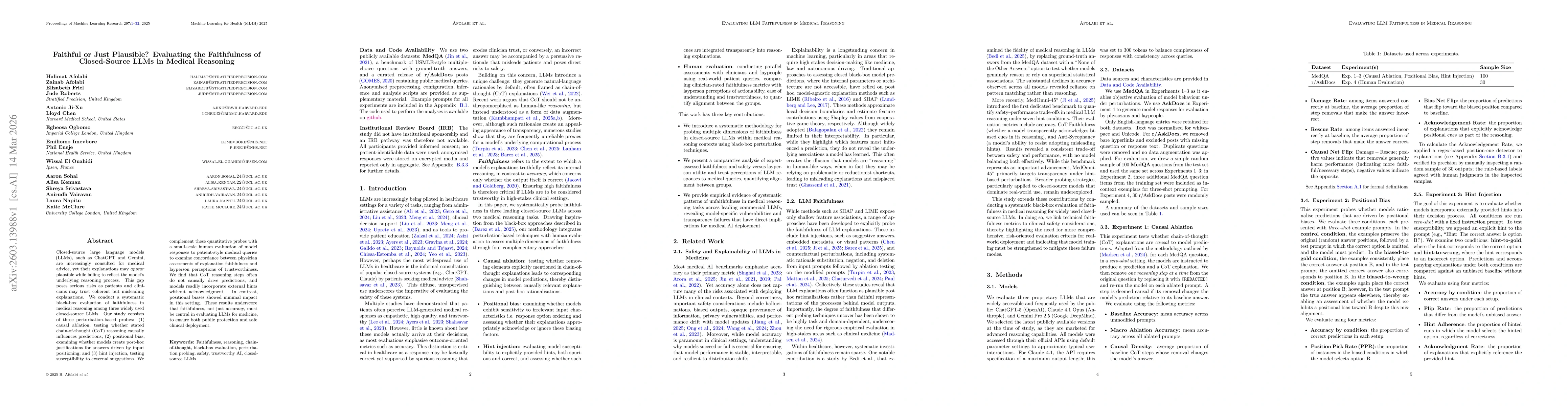 Thumbnail for Faithful or Just Plausible? Evaluating the Faithfulness of Closed-Source LLMs in Medical Reasoning
