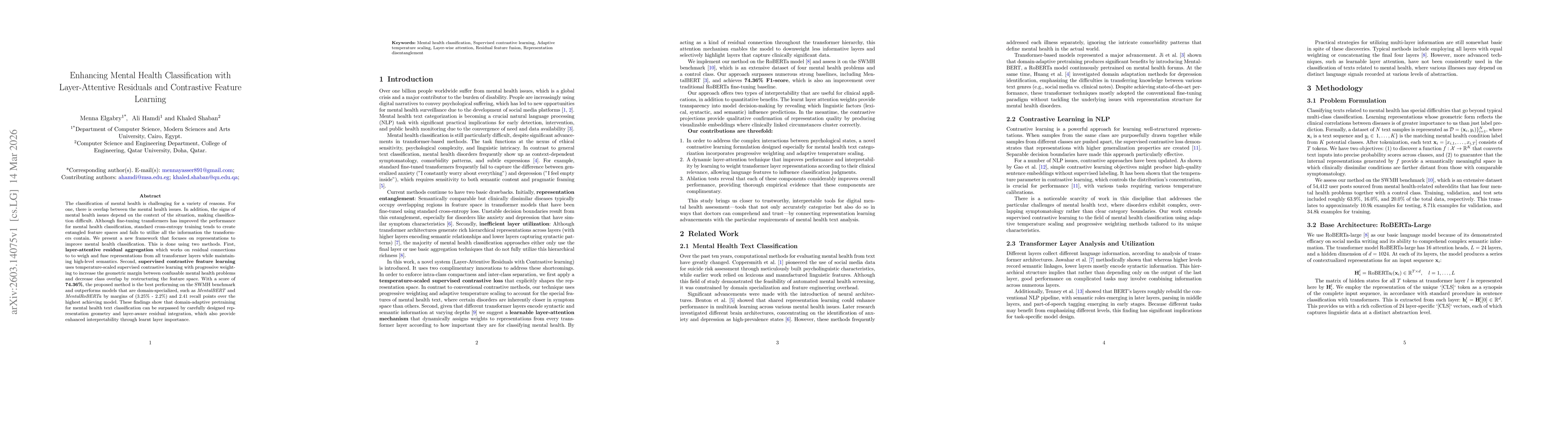 Thumbnail for Enhancing Mental Health Classification with Layer-Attentive Residuals and Contrastive Feature Learning
