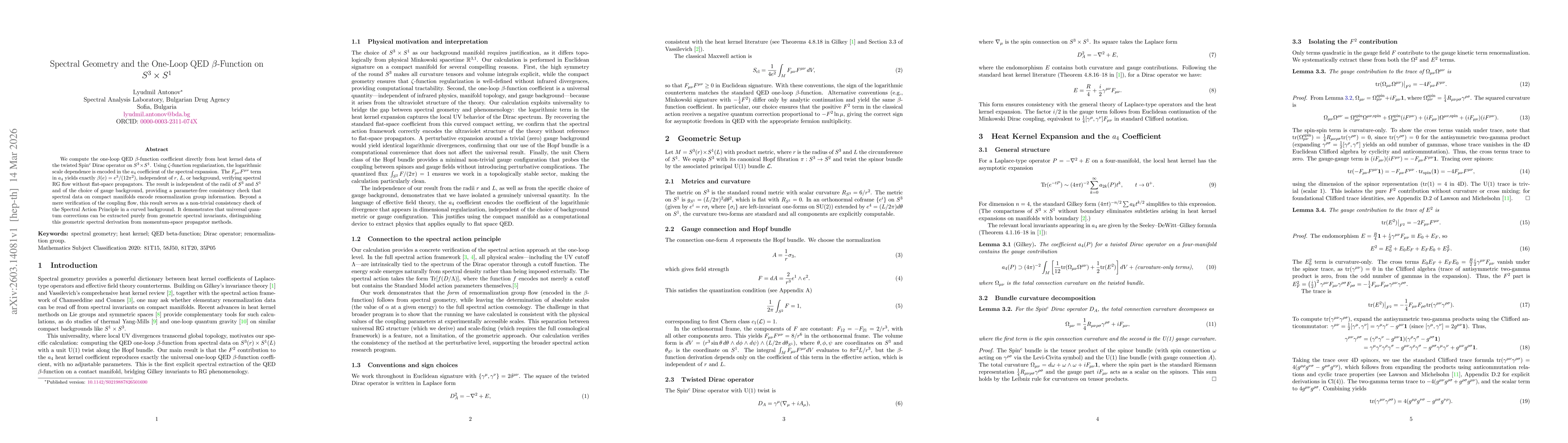 Thumbnail for Spectral Geometry and the One-Loop QED $β$-Function on $S^3 \times S^1$