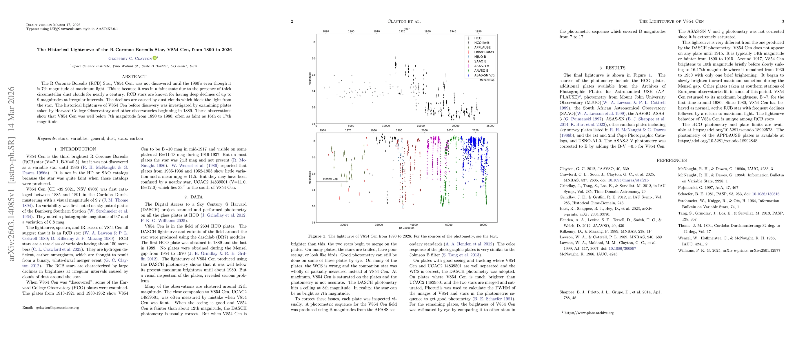 Thumbnail for The Historical Lightcurve of the R Coronae Borealis Star, V854 Cen, from 1890 to 2026