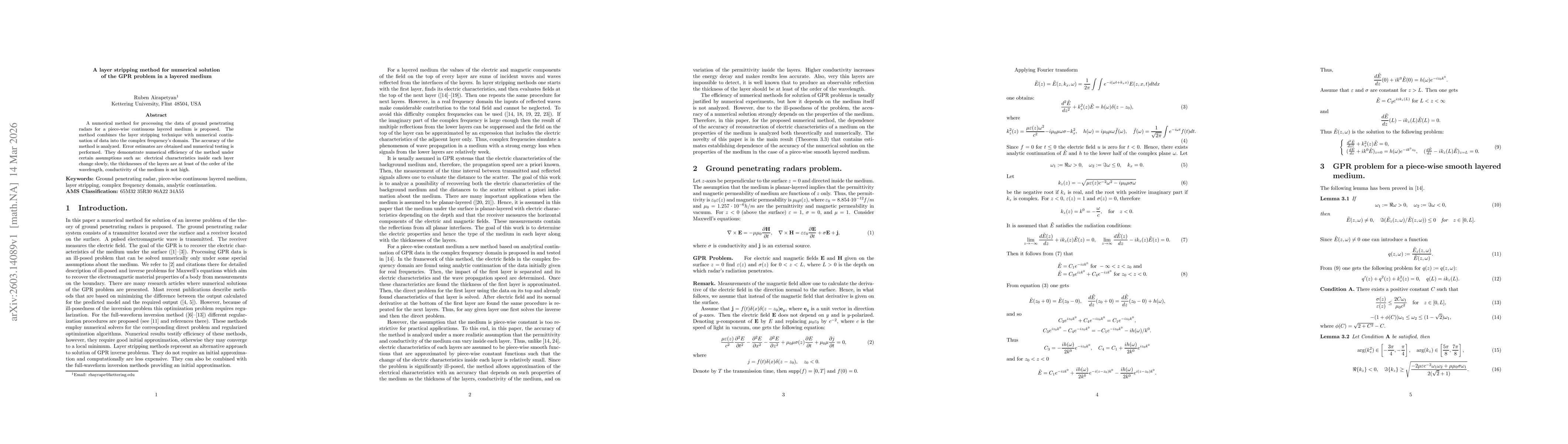 Thumbnail for A layer stripping method for numerical solution of the GPR problem in a layered medium
