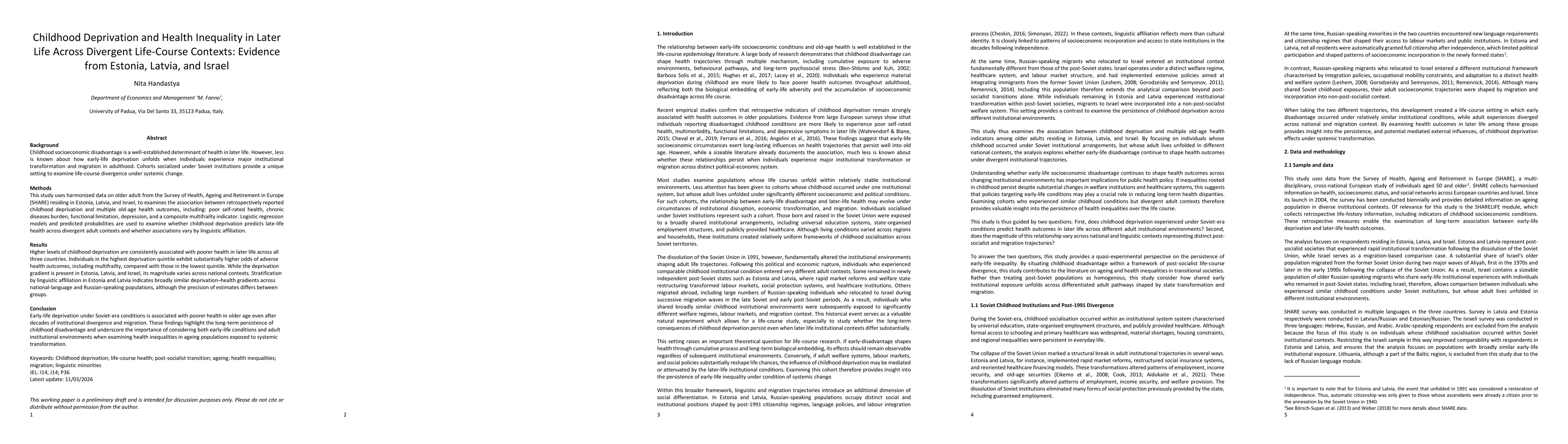 Thumbnail for Childhood Deprivation and Health Inequality in Later Life Across Divergent Life-Course Contexts: Evidence from Estonia, Latvia, and Israel