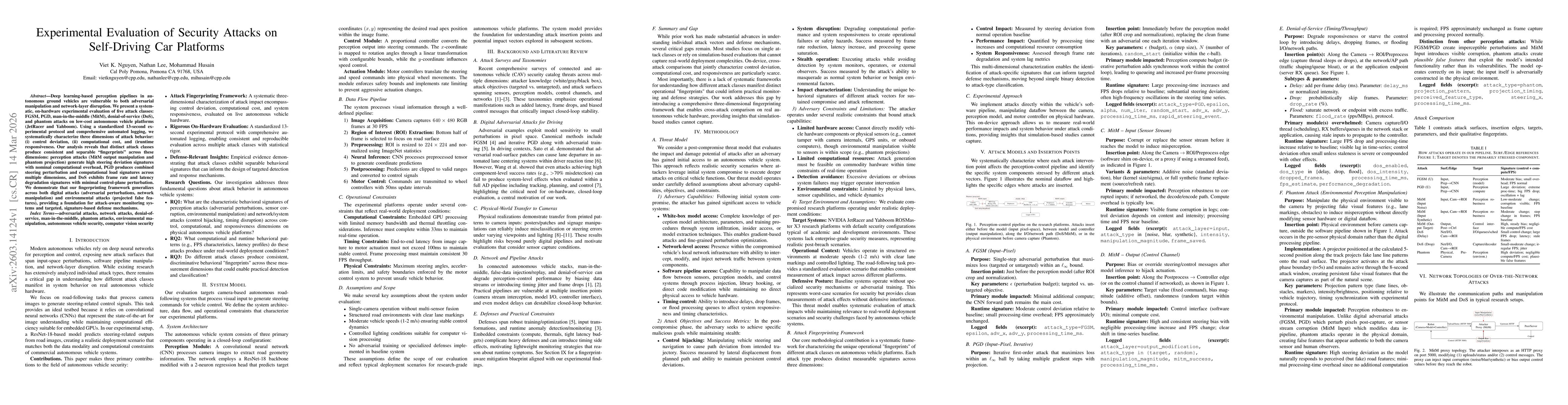 Thumbnail for Experimental Evaluation of Security Attacks on Self-Driving Car Platforms