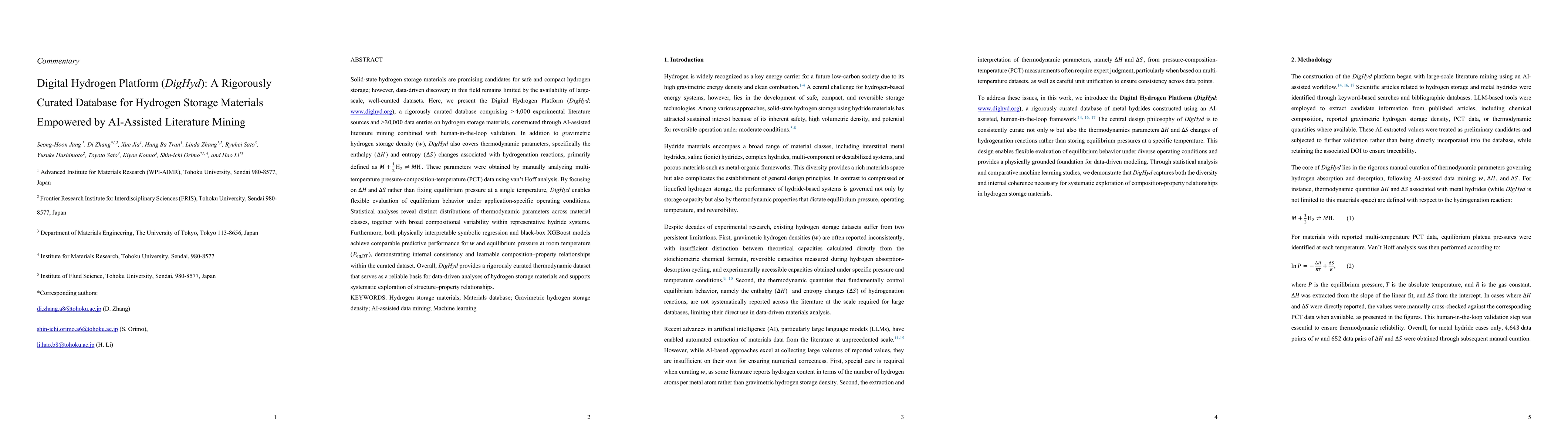 Thumbnail for Digital Hydrogen Platform (DigHyd): A Rigorously Curated Database for Hydrogen Storage Materials Empowered by AI-Assisted Literature Mining