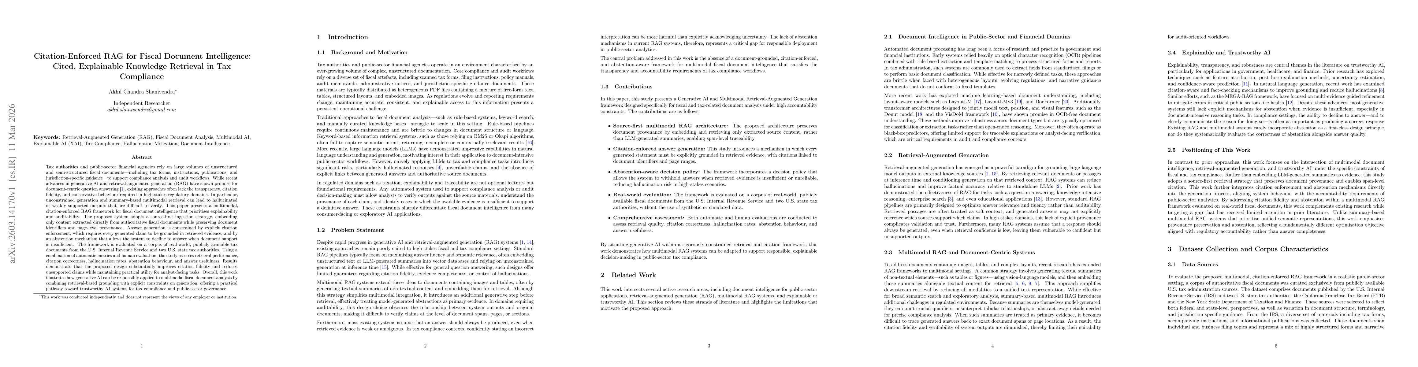 Thumbnail for Citation-Enforced RAG for Fiscal Document Intelligence: Cited, Explainable Knowledge Retrieval in Tax Compliance