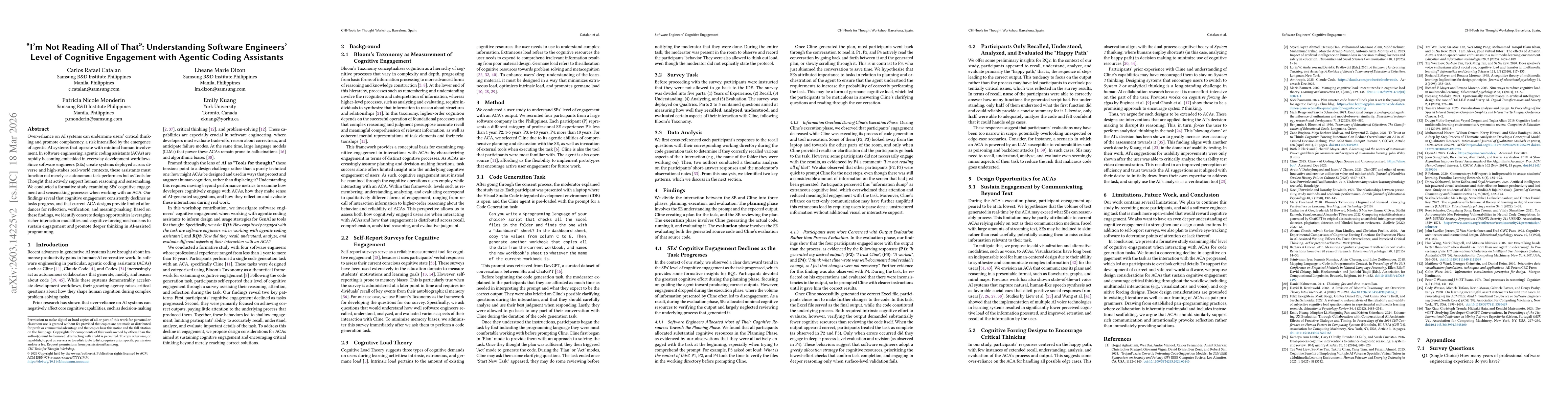 Thumbnail for I'm Not Reading All of That: Understanding Software Engineers' Level of Cognitive Engagement with Agentic Coding Assistants