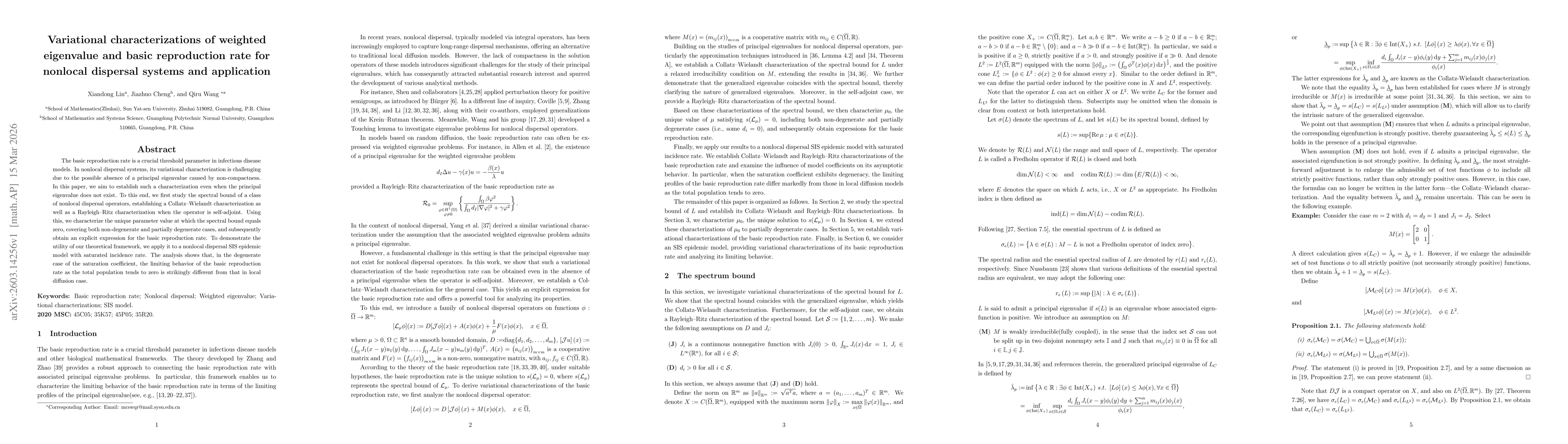 Thumbnail for Variational characterizations of weighted eigenvalue and basic reproduction rate for nonlocal dispersal systems and application