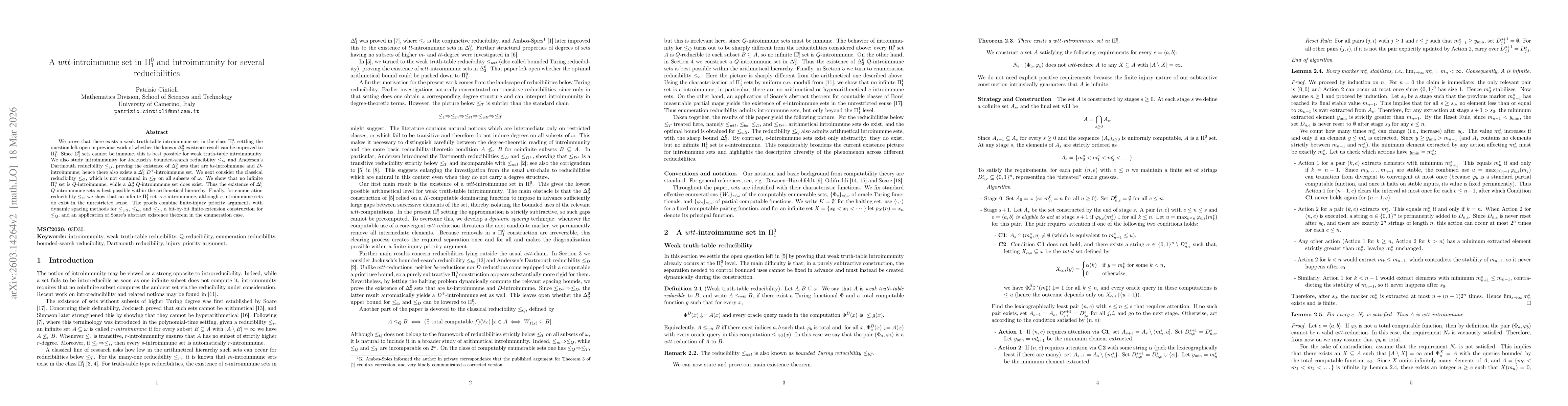 Thumbnail for A $wtt$-introimmune set in \texorpdfstring{$Π^0_1$}{Pi01} and introimmunity for several reducibilities