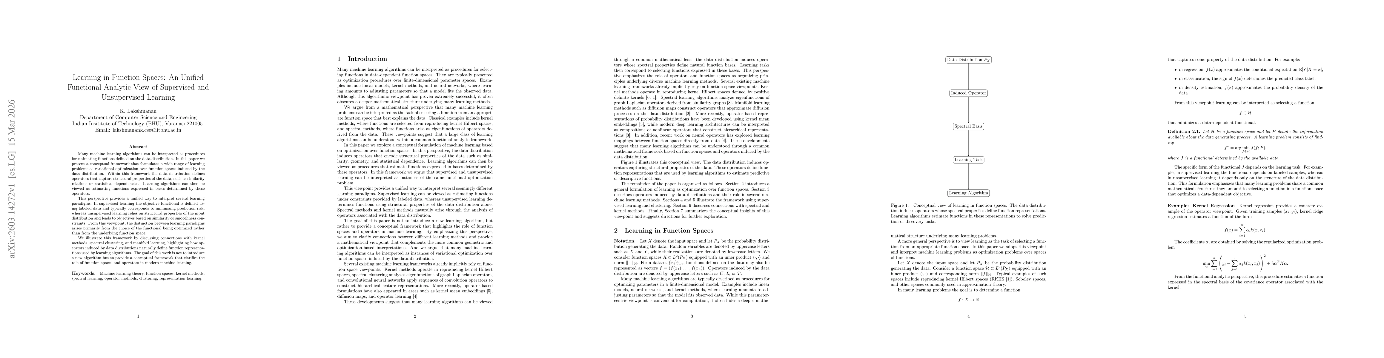 Thumbnail for Learning in Function Spaces: An Unified Functional Analytic View of Supervised and Unsupervised Learning