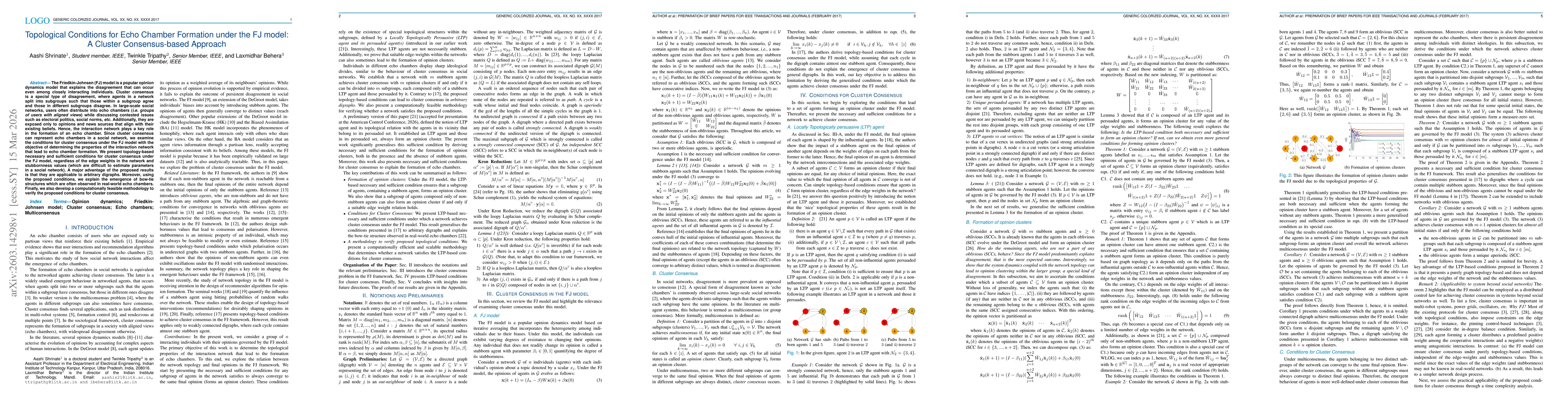 Thumbnail for Topological Conditions for Echo Chamber Formation under the FJ model: A Cluster Consensus-based Approach